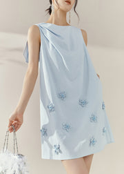 French Blue Asymmetrical Wrinkled Nail Bead Floral Mid Dresses Sleeveless