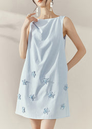 French Blue Asymmetrical Wrinkled Nail Bead Floral Mid Dresses Sleeveless