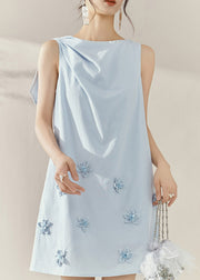 French Blue Asymmetrical Wrinkled Nail Bead Floral Mid Dresses Sleeveless