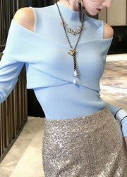 French Blue Cold Shoulder Patchwork Knitted Sweater Tops Fall