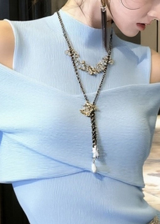 French Blue Cold Shoulder Patchwork Knitted Sweater Tops Fall