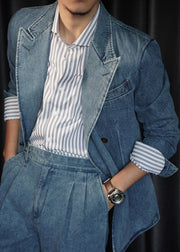 French Blue Double Breast Pockets Denim Mens Coats Fall