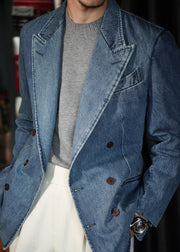 French Blue Double Breast Pockets Denim Mens Coats Fall