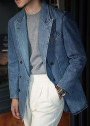 French Blue Double Breast Pockets Denim Mens Coats Fall