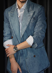 French Blue Double Breast Pockets Denim Mens Coats Fall