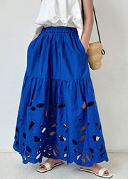 French Blue Embroidered Hollow Out Cotton Skirt Summer