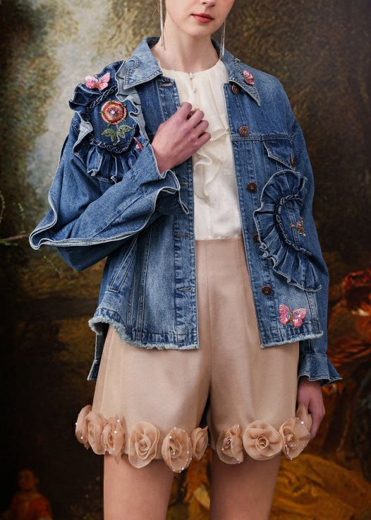 French Blue Embroidered Ruffled Patchwork Denim Coats Spring – SooLinen