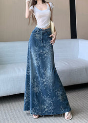 French Blue High Waist Embroidered Pockets Denim Skirts Fall