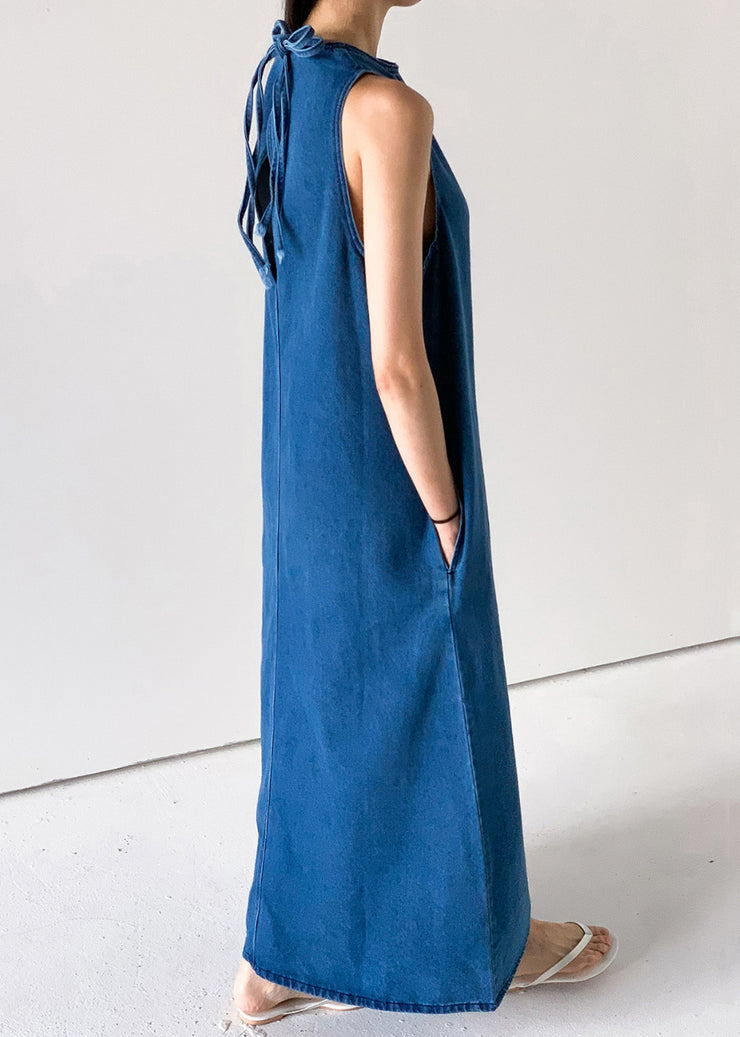 French Blue Lace Up Pockets Denim Long Dresses Sleeveless