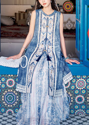 French Blue Lace Up Side Open Patchwork Denim Two Pieces Set Sleeveless
