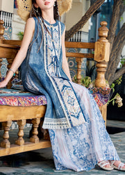 French Blue Lace Up Side Open Patchwork Denim Two Pieces Set Sleeveless