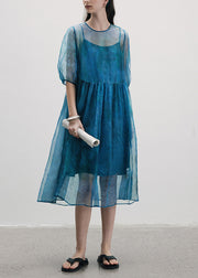French Blue O Neck Patchwork Silk Two Piece Set Lantern Sleeve