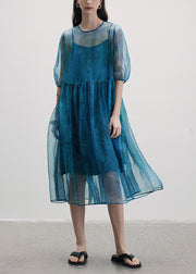 French Blue O Neck Patchwork Silk Two Piece Set Lantern Sleeve