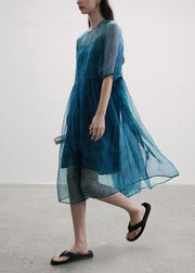 French Blue O Neck Patchwork Silk Two Piece Set Lantern Sleeve