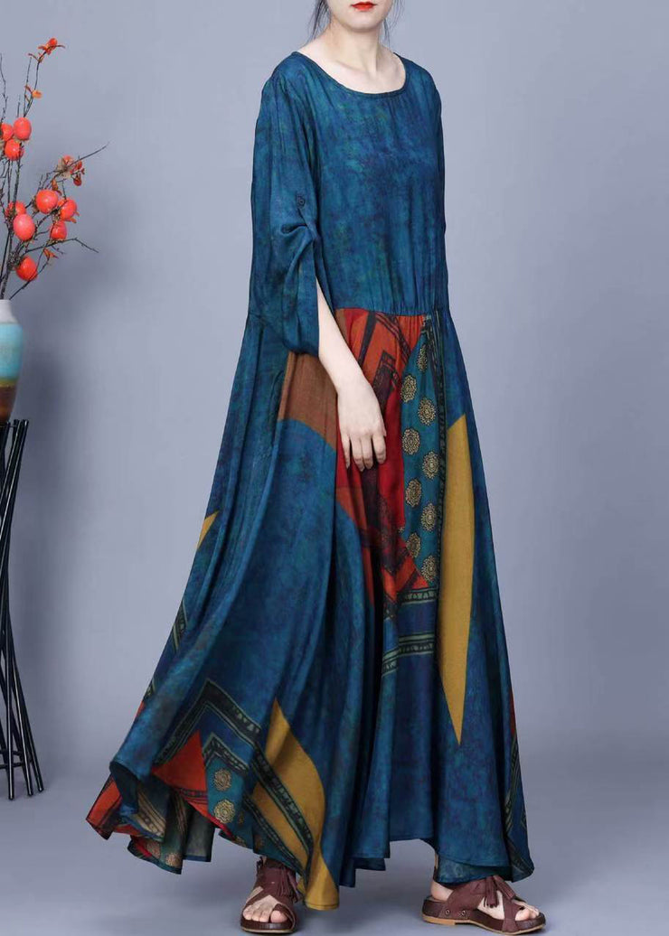 French Blue O Neck Print Patchwork Silk Maxi Dresses Spring