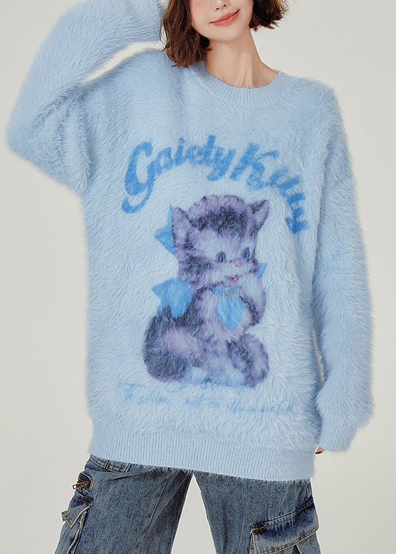 French Blue Oversized Cute Cat Faux Mink Hair Knitted Sweaters Winter