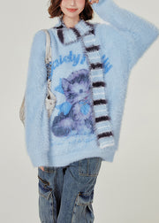 French Blue Oversized Cute Cat Faux Mink Hair Knitted Sweaters Winter