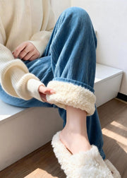 French Blue Patchwork High Waist Corduroy Wide Leg Fleece Pants Winter