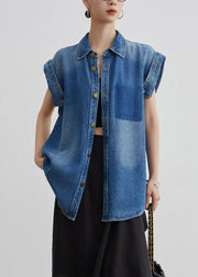 French Blue Peter Pan Collar Button Waistcoat Summer