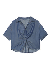 French Blue Peter Pan Collar Denim Blouse Top Summer
