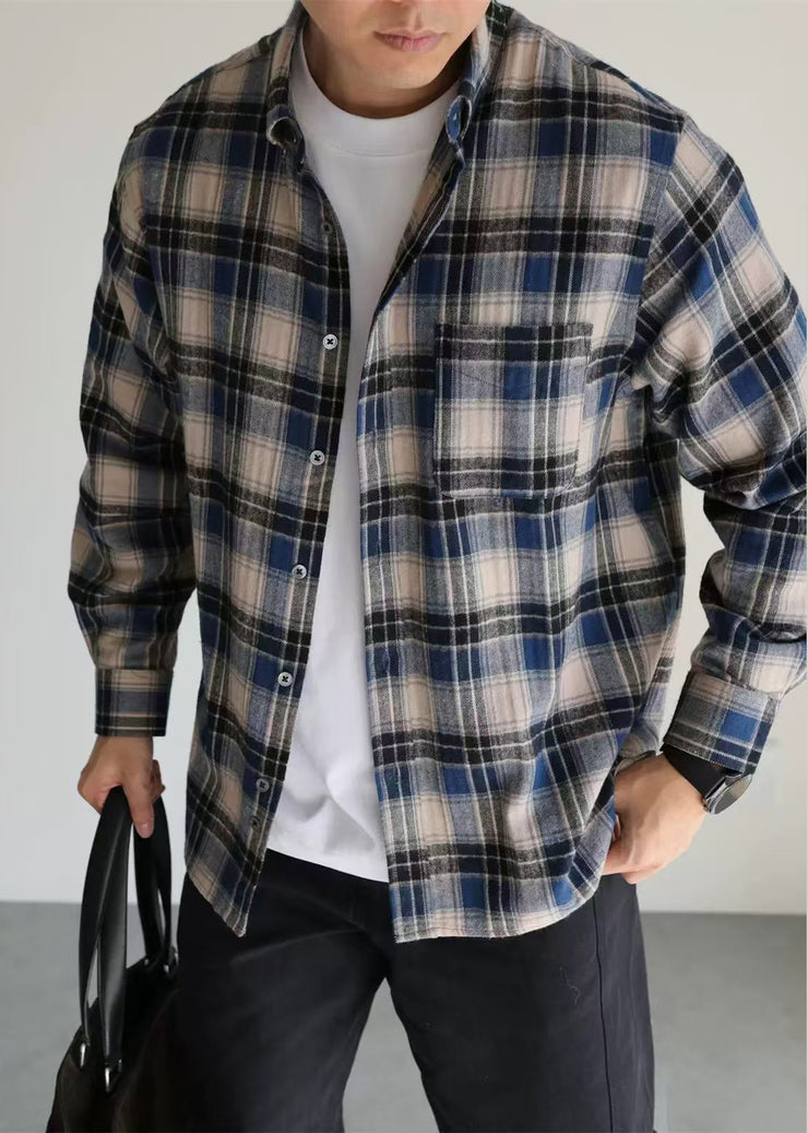 French Blue Peter Pan Collar Plaid Button Cotton Shirt Men Fall