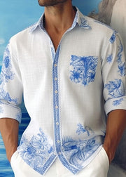 French Blue Peter Pan Collar Print Cotton Mens Shirts Fall