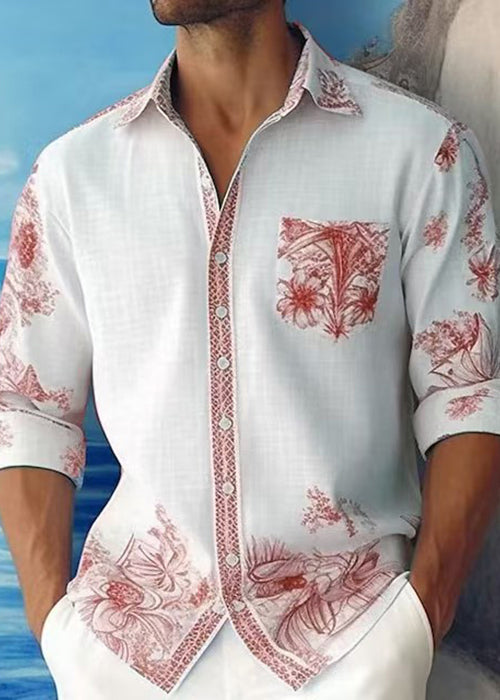 French Blue Peter Pan Collar Print Cotton Mens Shirts Fall