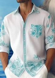 French Blue Peter Pan Collar Print Cotton Mens Shirts Fall