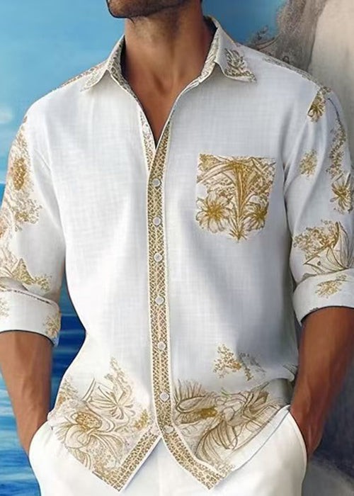 French Blue Peter Pan Collar Print Cotton Mens Shirts Fall