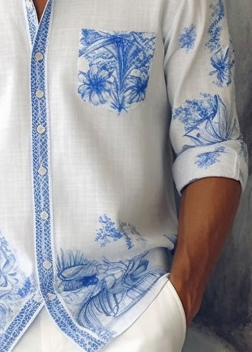 French Blue Peter Pan Collar Print Cotton Mens Shirts Fall