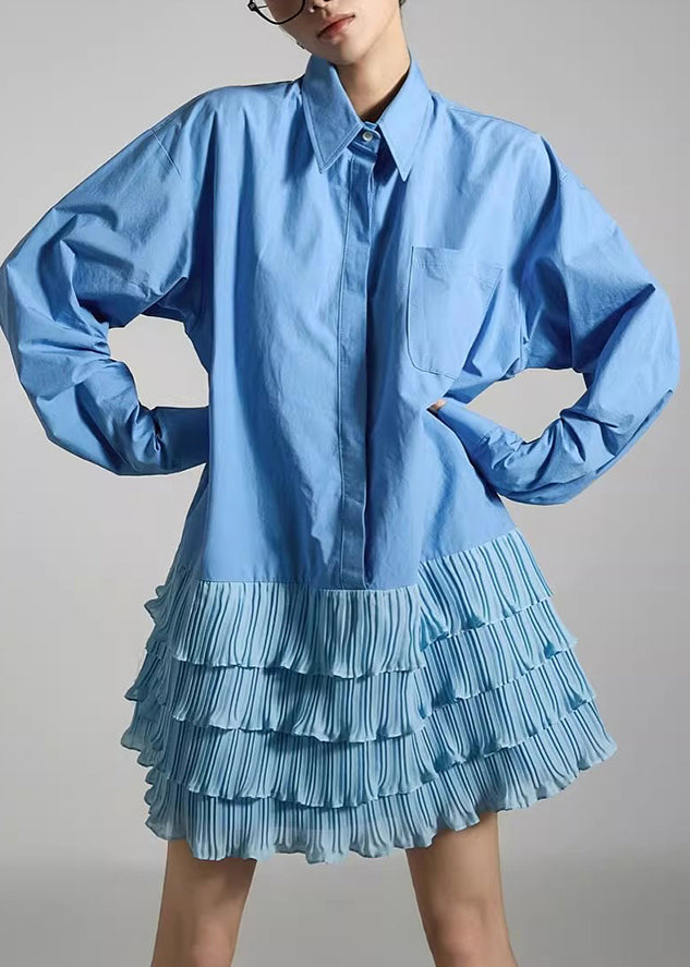 French Blue Peter Pan Collar Wrinkled Patchwork Cotton Mid Dress Fall