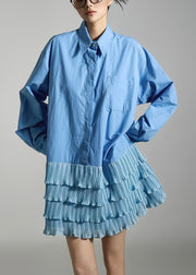 French Blue Peter Pan Collar Wrinkled Patchwork Cotton Mid Dress Fall