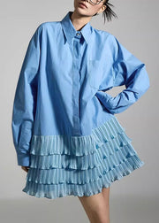 French Blue Peter Pan Collar Wrinkled Patchwork Cotton Mid Dress Fall