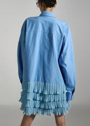 French Blue Peter Pan Collar Wrinkled Patchwork Cotton Mid Dress Fall