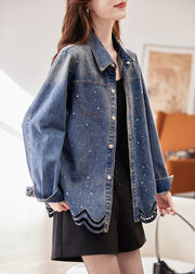 French Blue Peter Pan Collar Zircon Hollow Out Denim Coats Fall