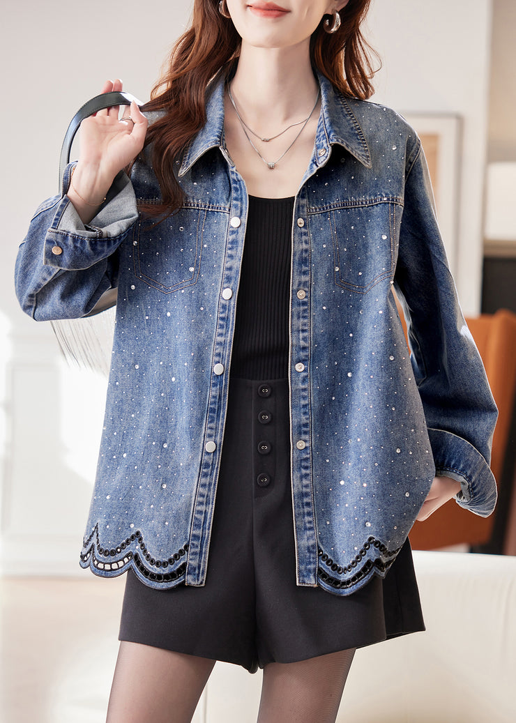French Blue Peter Pan Collar Zircon Hollow Out Denim Coats Fall