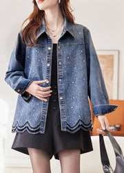 French Blue Peter Pan Collar Zircon Hollow Out Denim Coats Fall