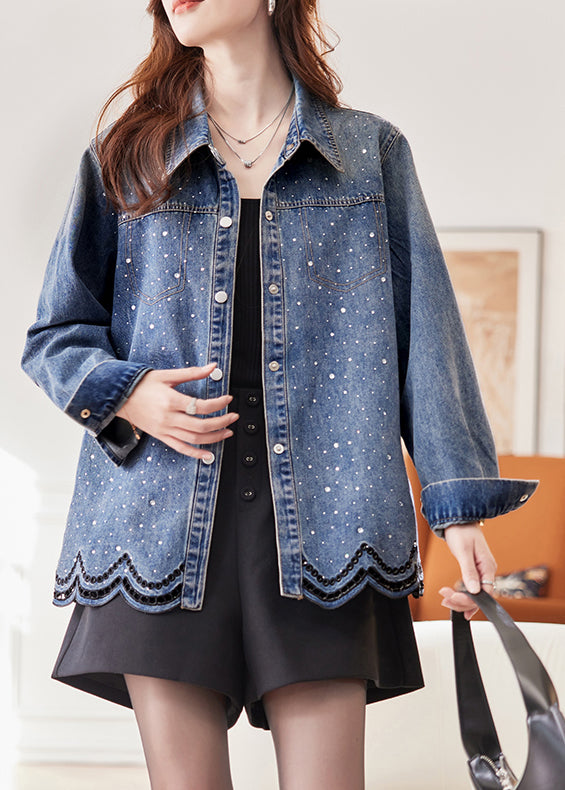 French Blue Peter Pan Collar Zircon Hollow Out Denim Coats Fall
