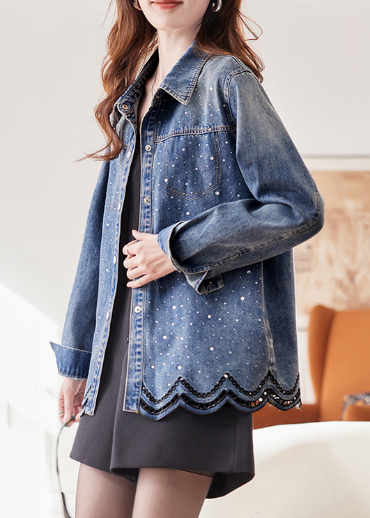 French Blue Peter Pan Collar Zircon Hollow Out Denim Coats Fall