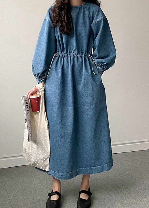 French Blue Pockets Drawstring Denim Long Dresses Fall