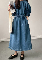 French Blue Pockets Drawstring Denim Long Dresses Fall