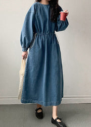 French Blue Pockets Drawstring Denim Long Dresses Fall