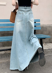 French Blue Pockets High Waist Denim Maxi Skirt Fall