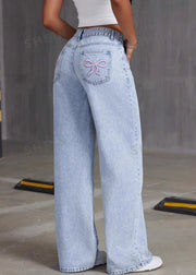 French Blue Pockets Patchwork Wide Leg Denim Pants Fall