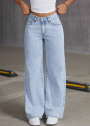 French Blue Pockets Patchwork Wide Leg Denim Pants Fall