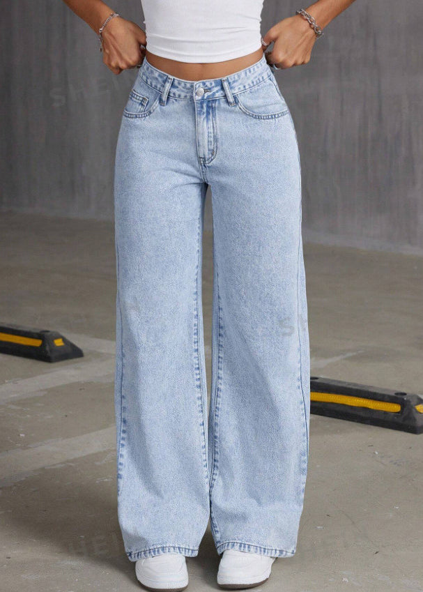 French Blue Pockets Patchwork Wide Leg Denim Pants Fall