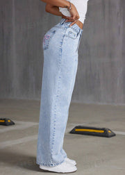 French Blue Pockets Patchwork Wide Leg Denim Pants Fall