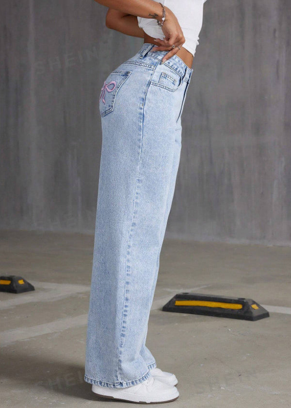 French Blue Pockets Patchwork Wide Leg Denim Pants Fall