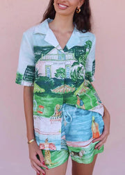 French Blue Print Shirts And Shorts Two Piece Set Short Sleeve