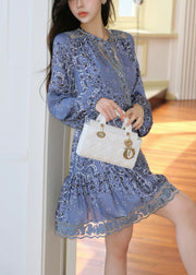 French Blue Print Tulle Patchwork Mid Dress Bracelet Sleeve